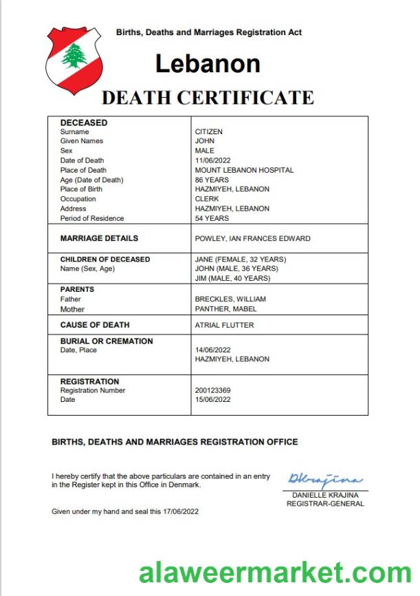 Lebanon death certificate Word and PDF template
